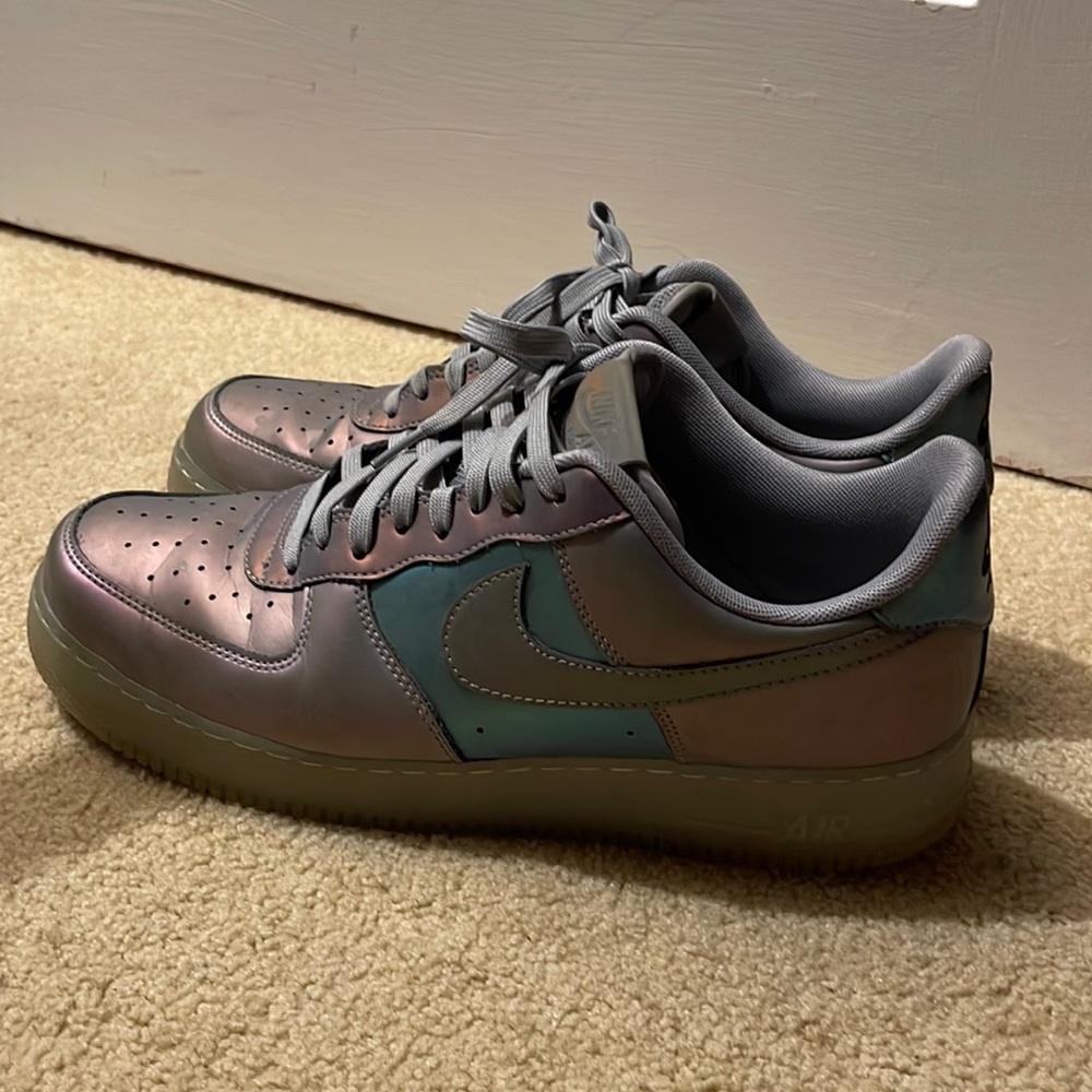 Iridescent Air Force ones. Used but in pretty good shapes still. Size 11.5